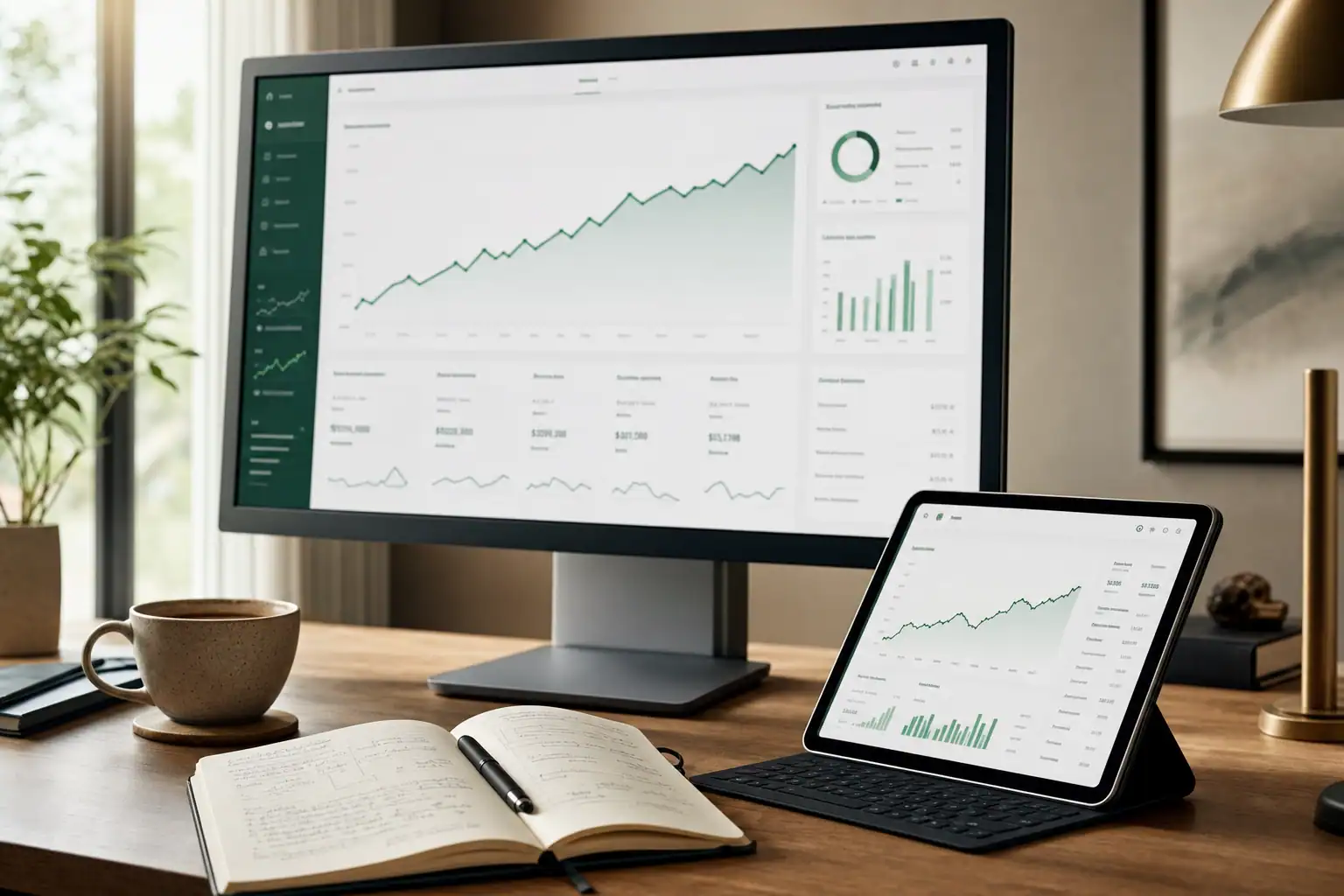 Financial strategy dashboard with upward growth charts