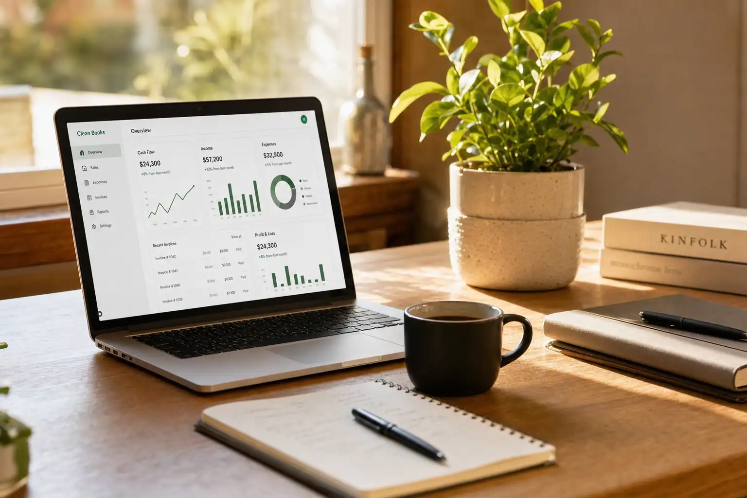 Clean books on a modern green financial dashboard