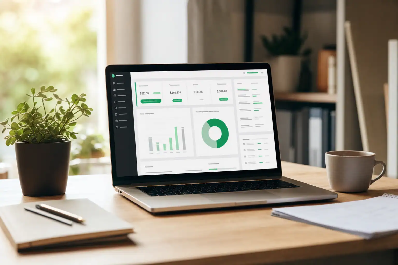 Clean QuickBooks-style accounting dashboard on a laptop