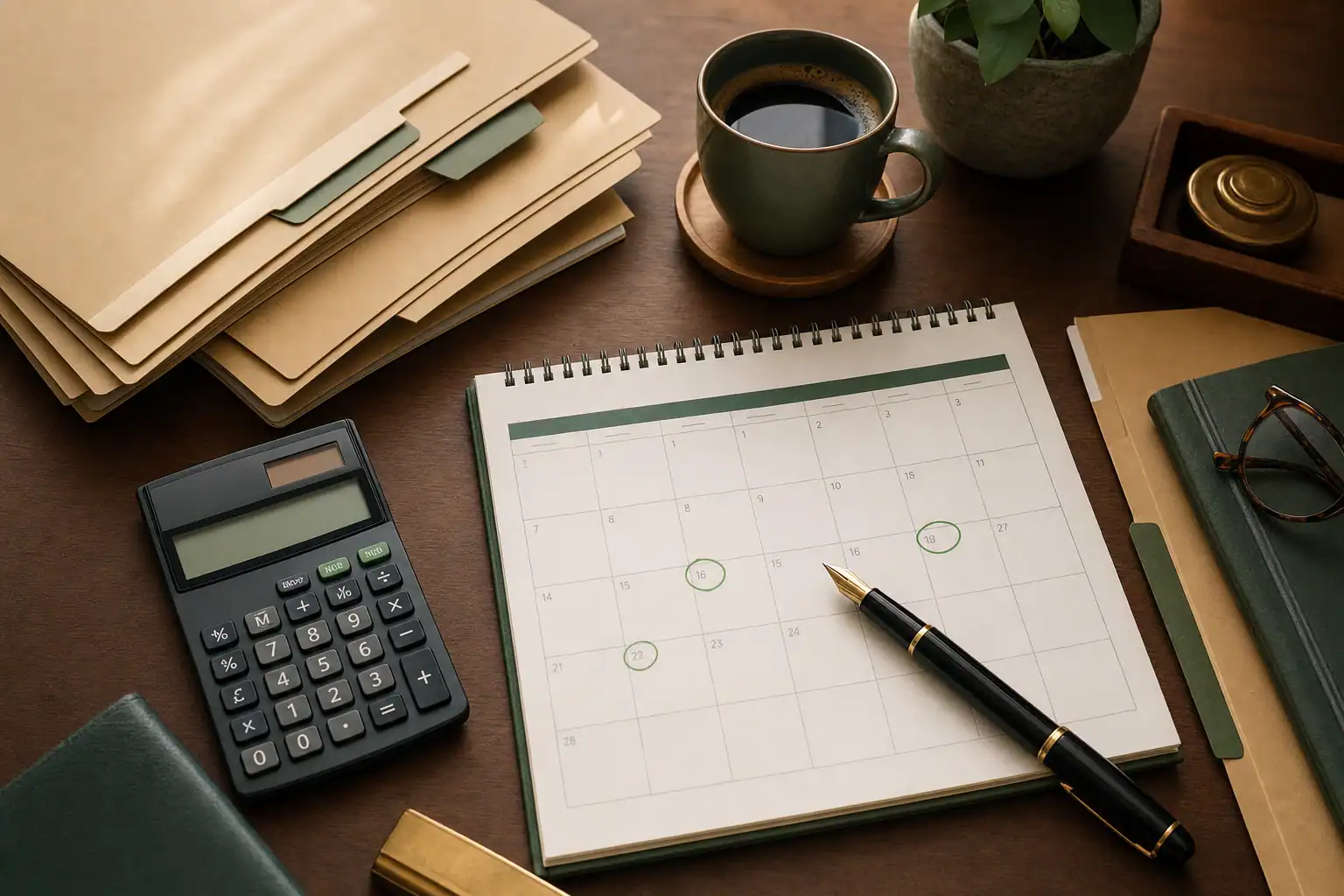 Tax planning desk with calendar, calculator, and organized folders